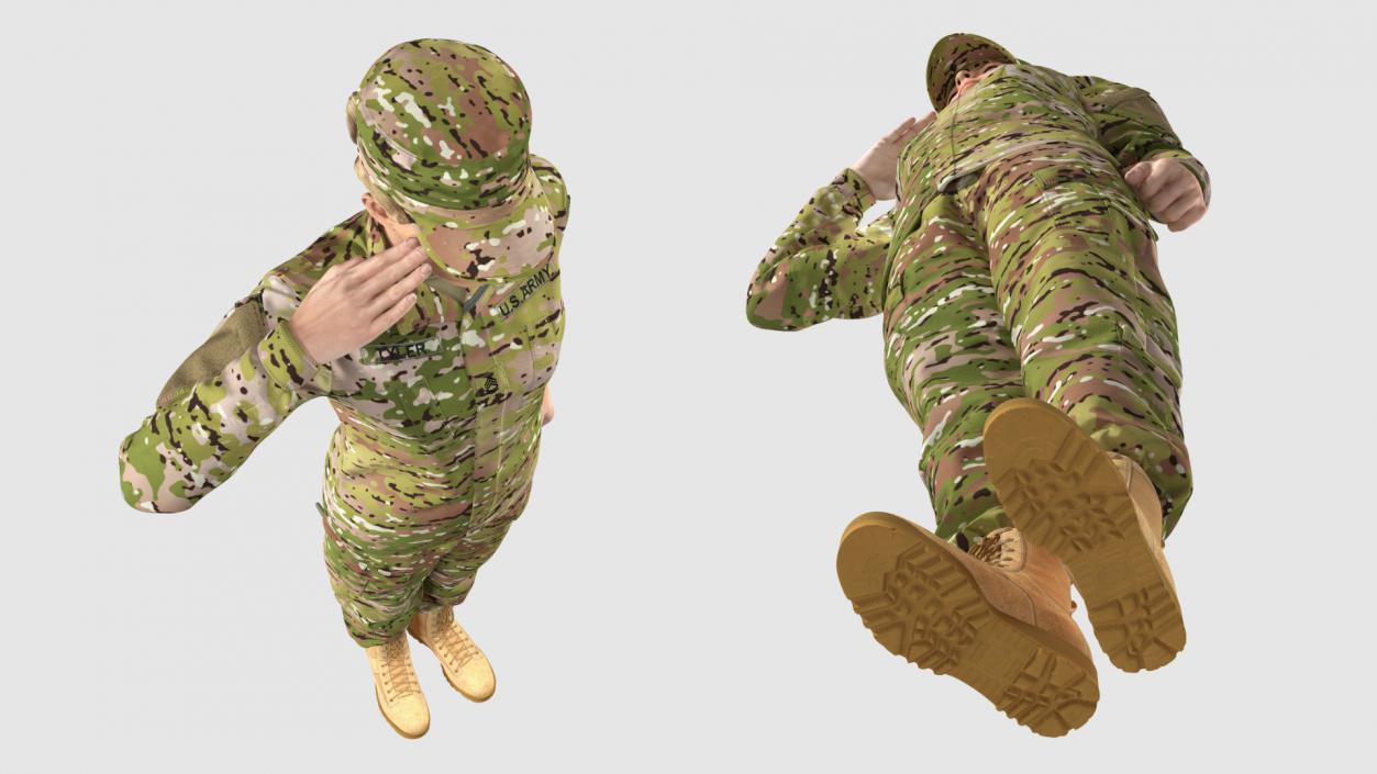 3D Female Soldier Camouflage Saluting Pose Fur model