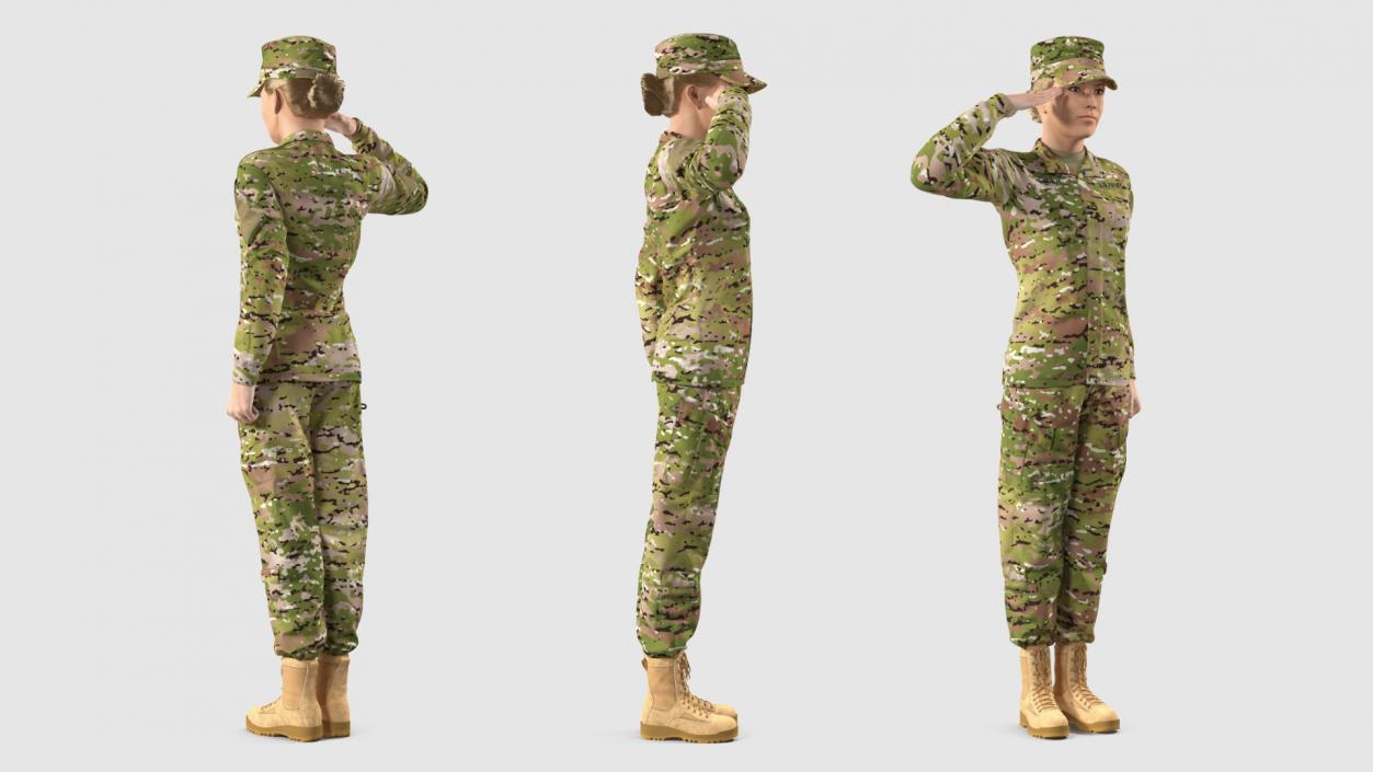 3D Female Soldier Camouflage Saluting Pose Fur model