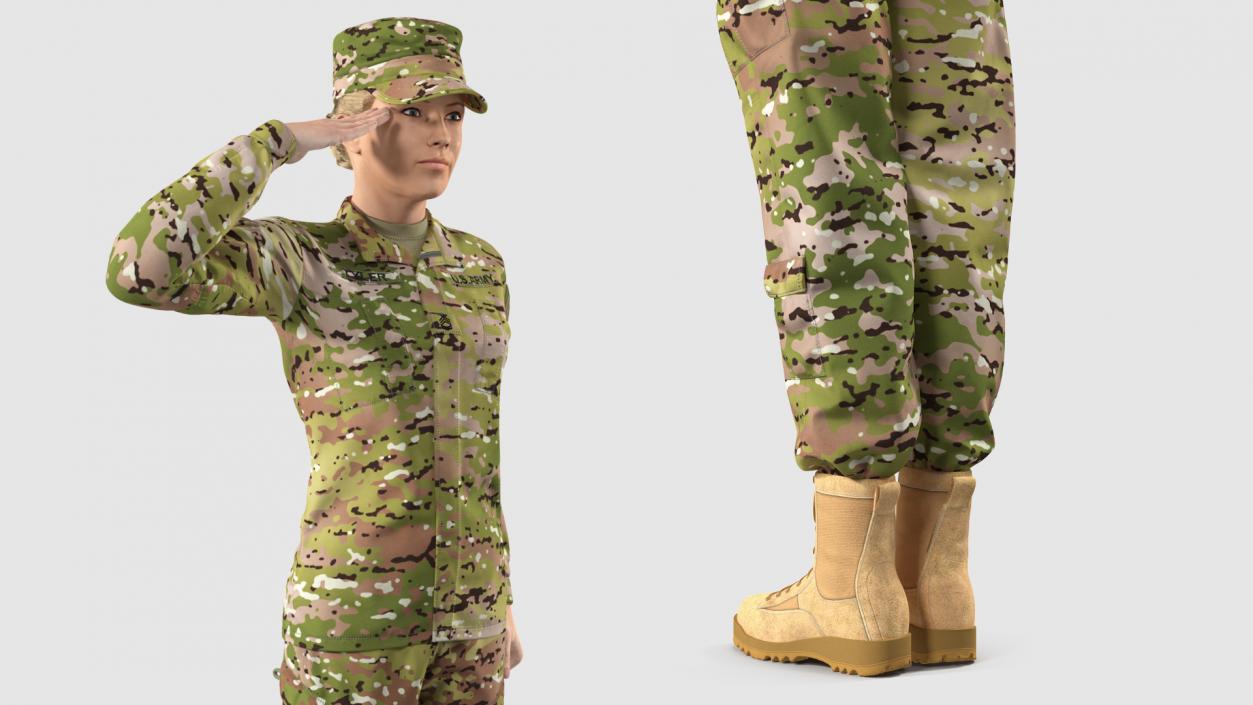 3D Female Soldier Camouflage Saluting Pose Fur model