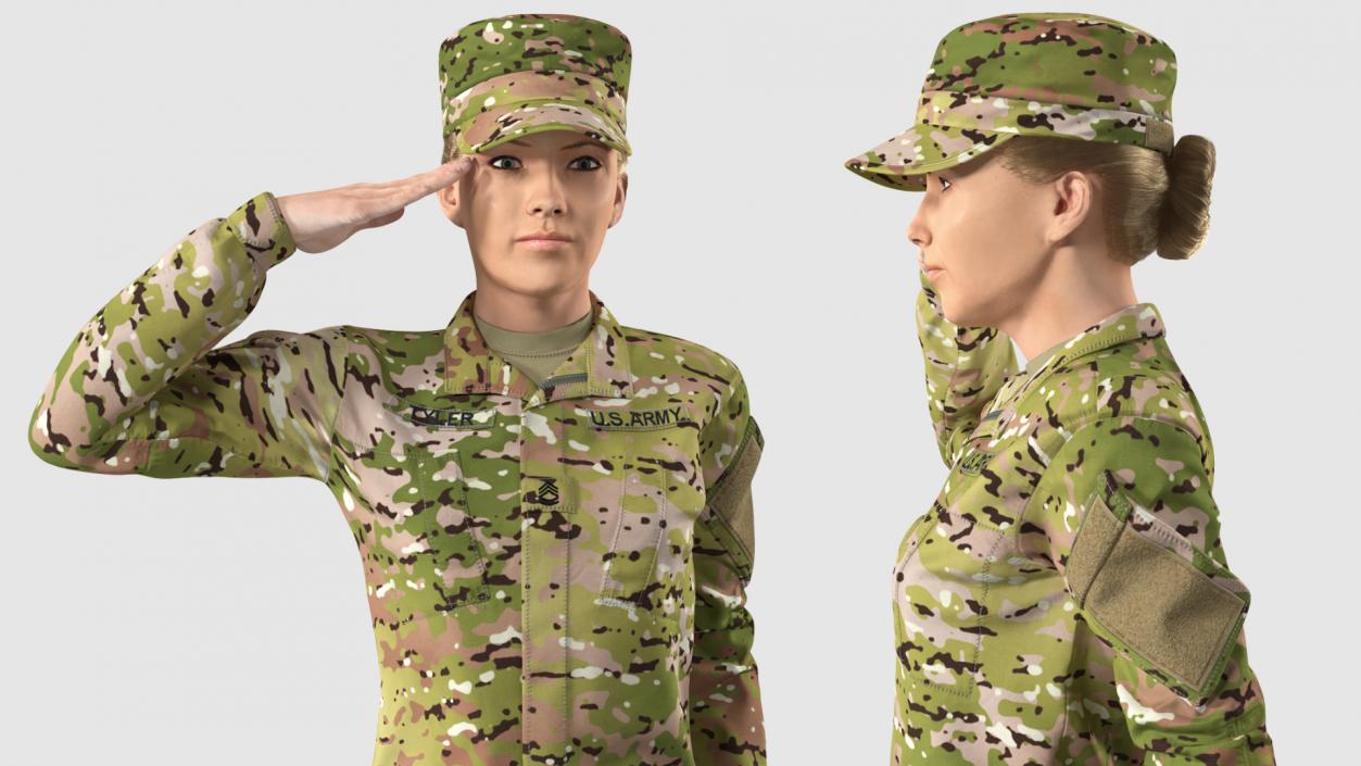 3D Female Soldier Camouflage Saluting Pose Fur model