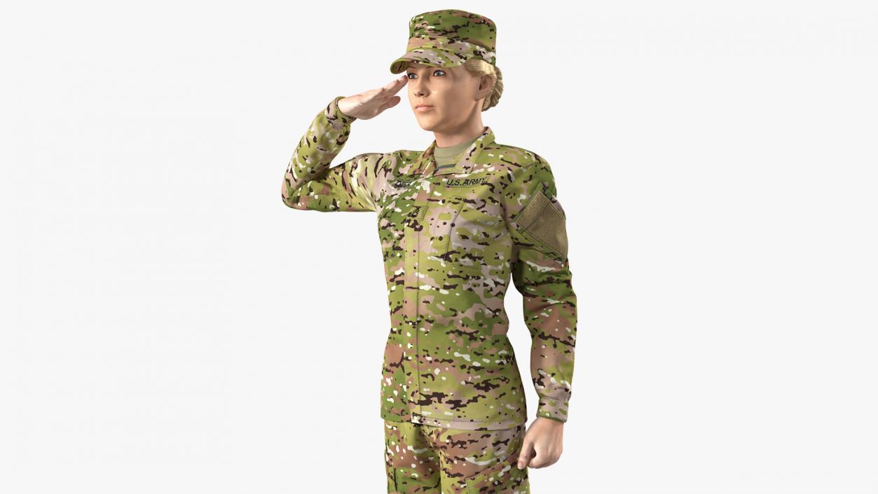 3D Female Soldier Camouflage Saluting Pose Fur model