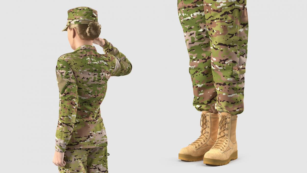 3D Female Soldier Camouflage Saluting Pose Fur model