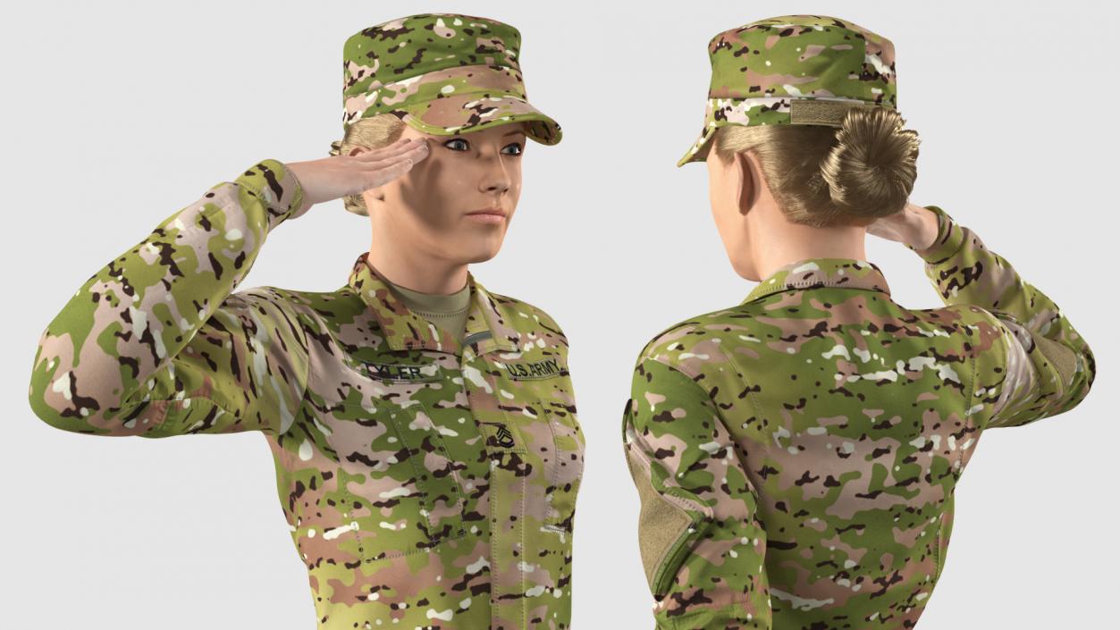 3D Female Soldier Camouflage Saluting Pose Fur model