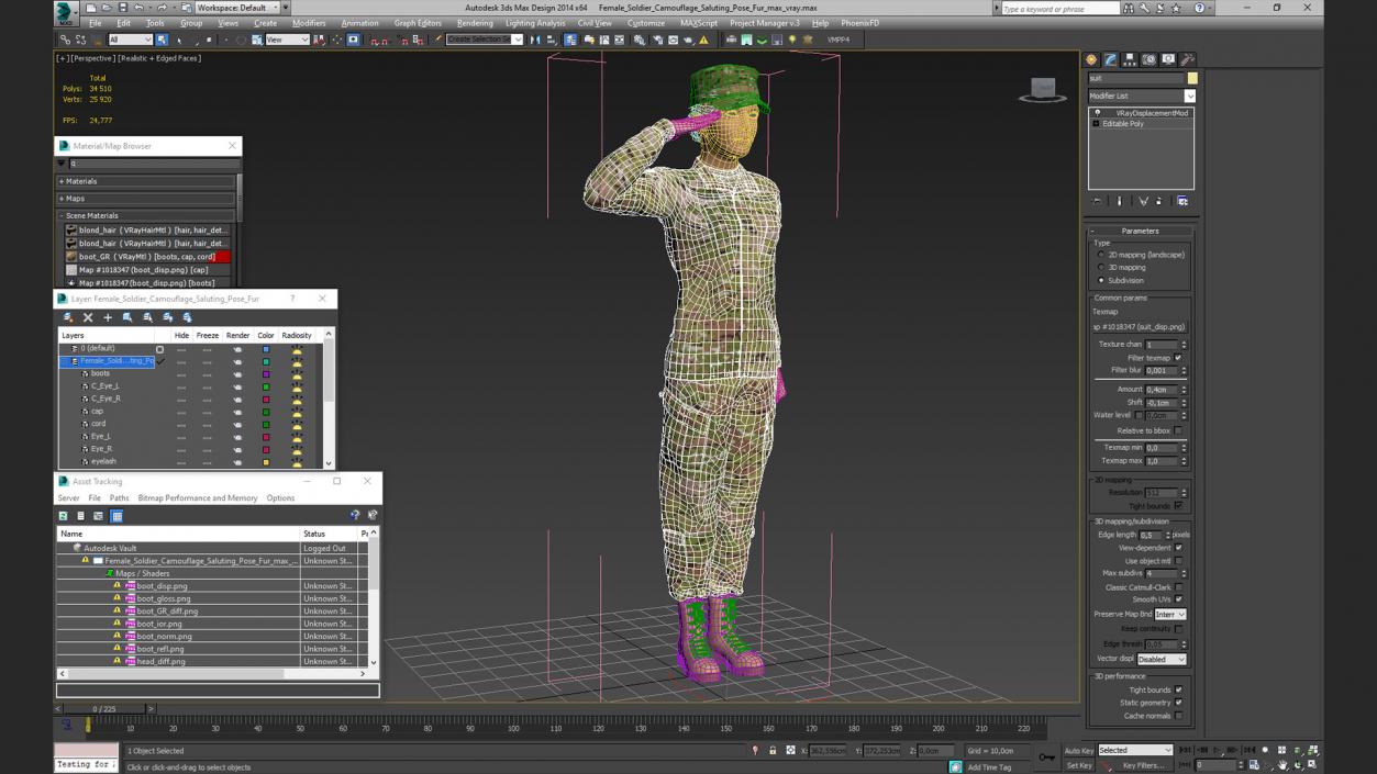 3D Female Soldier Camouflage Saluting Pose Fur model