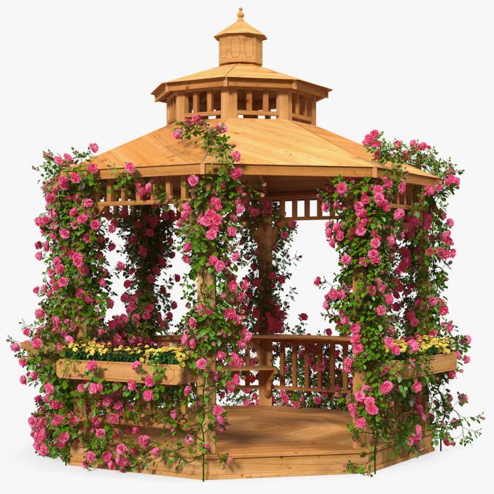 Wooden Gazebo Covered with Pink Roses 3D