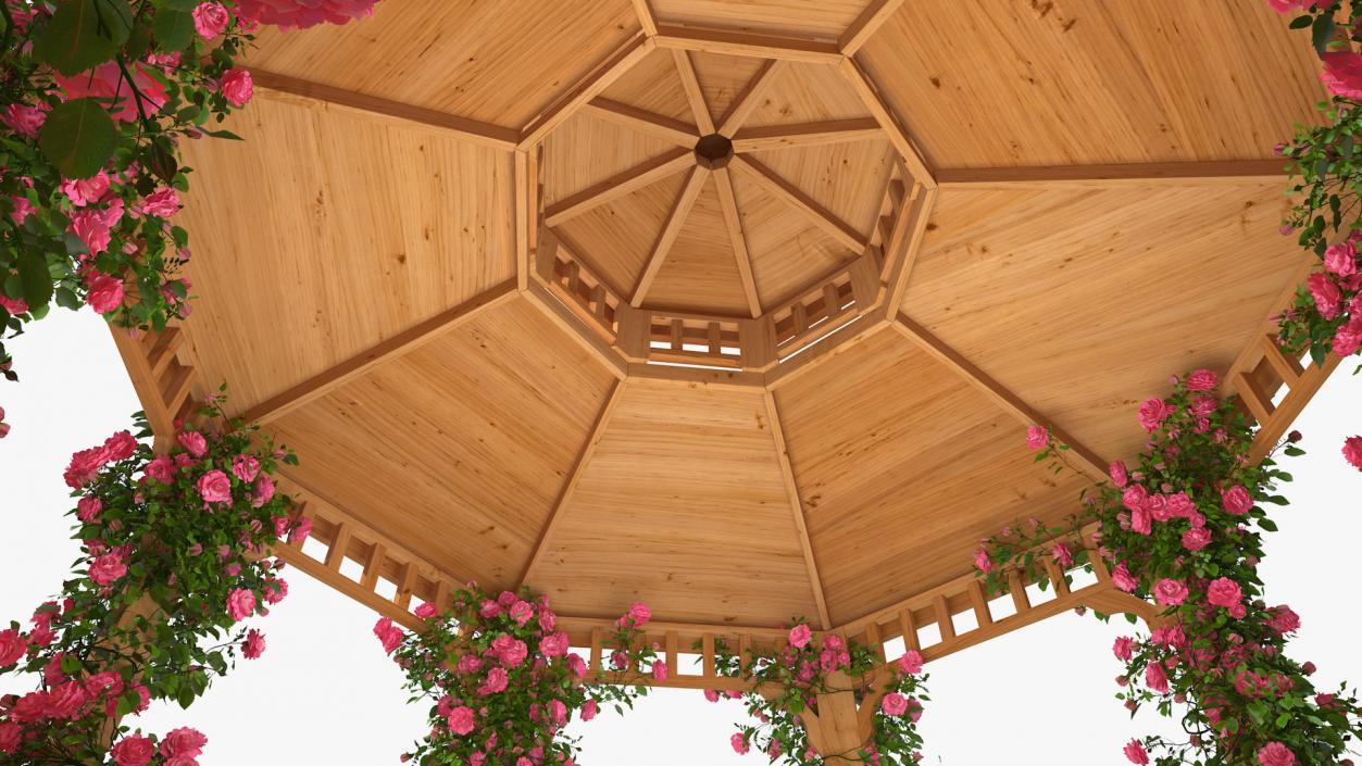 Wooden Gazebo Covered with Pink Roses 3D