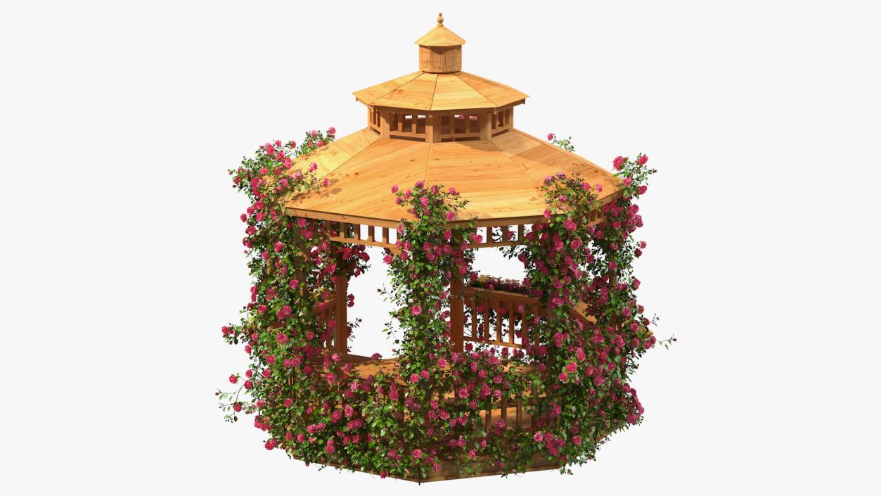 Wooden Gazebo Covered with Pink Roses 3D