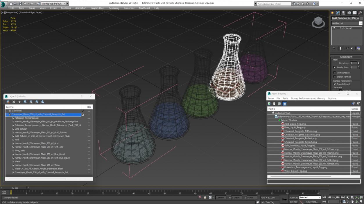 3D Erlenmeyer Flasks 250 ml with Chemical Reagents Set