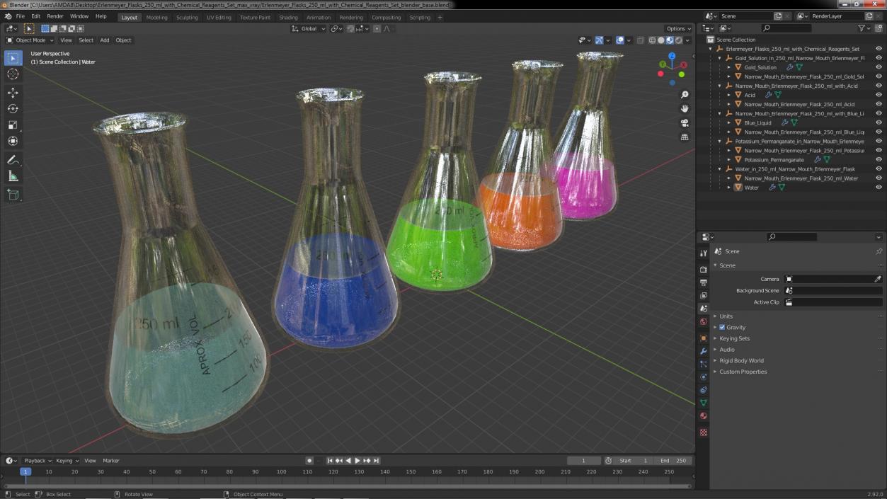 3D Erlenmeyer Flasks 250 ml with Chemical Reagents Set