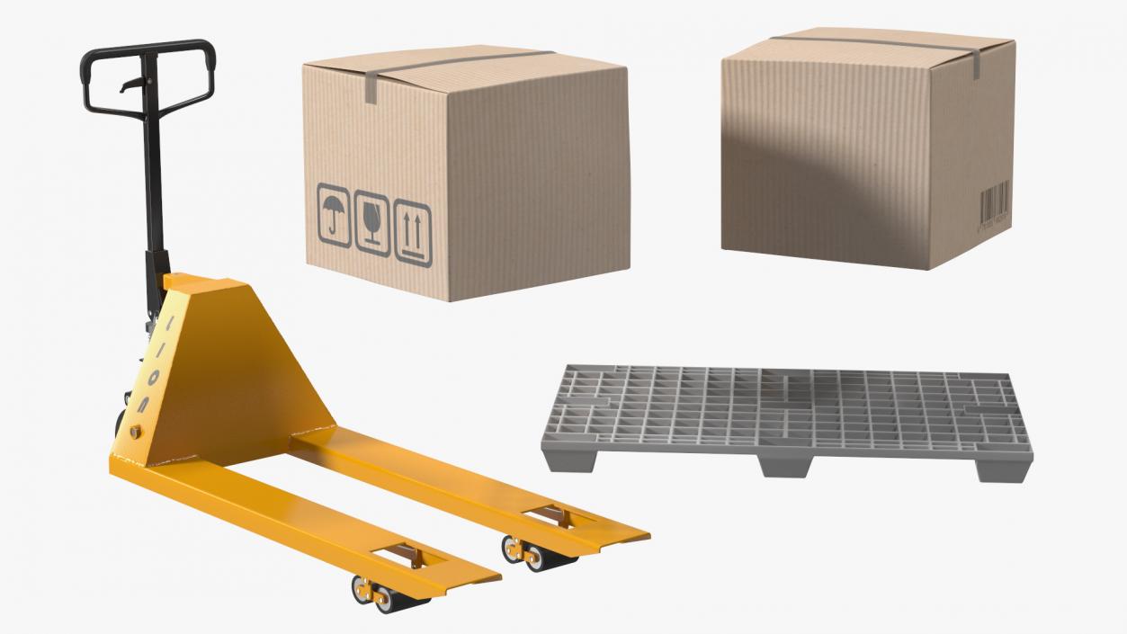 3D model Hand Pallet Truck Lion with Boxes Rigged