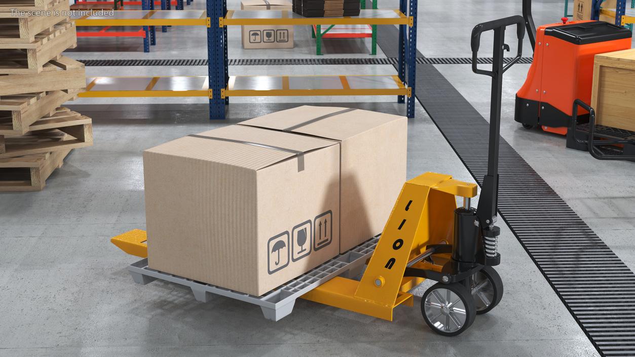 3D model Hand Pallet Truck Lion with Boxes Rigged