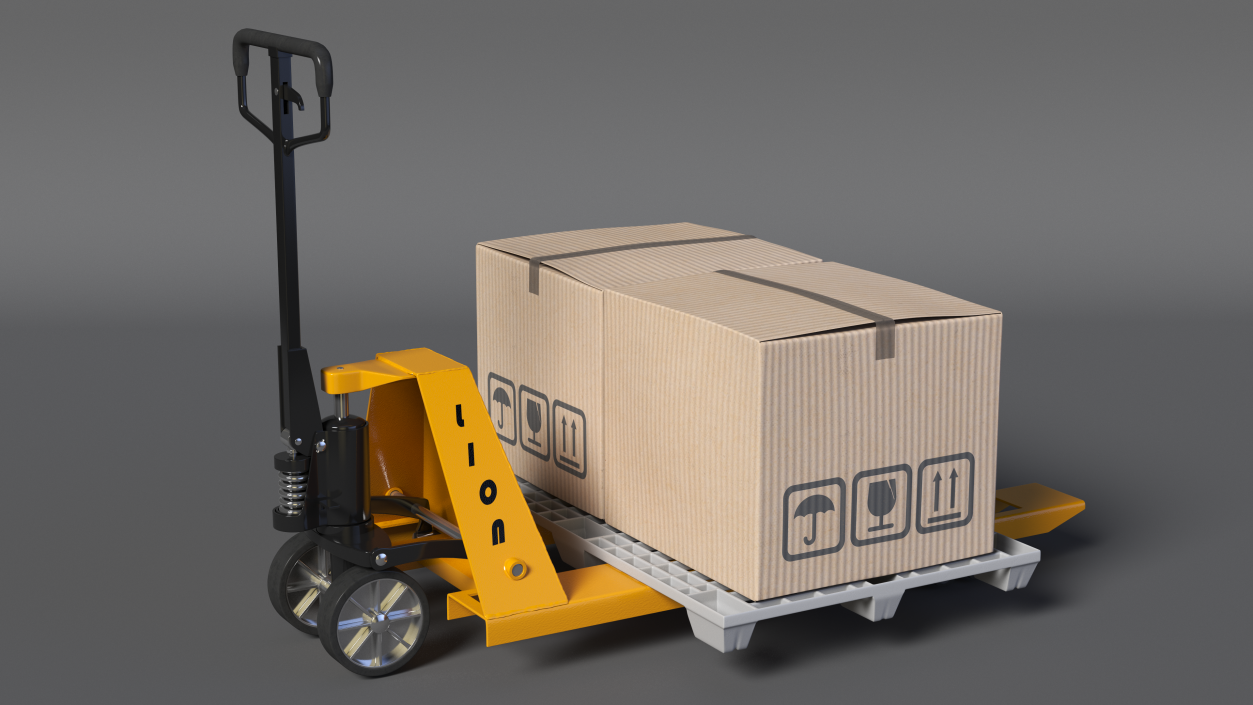 3D model Hand Pallet Truck Lion with Boxes Rigged