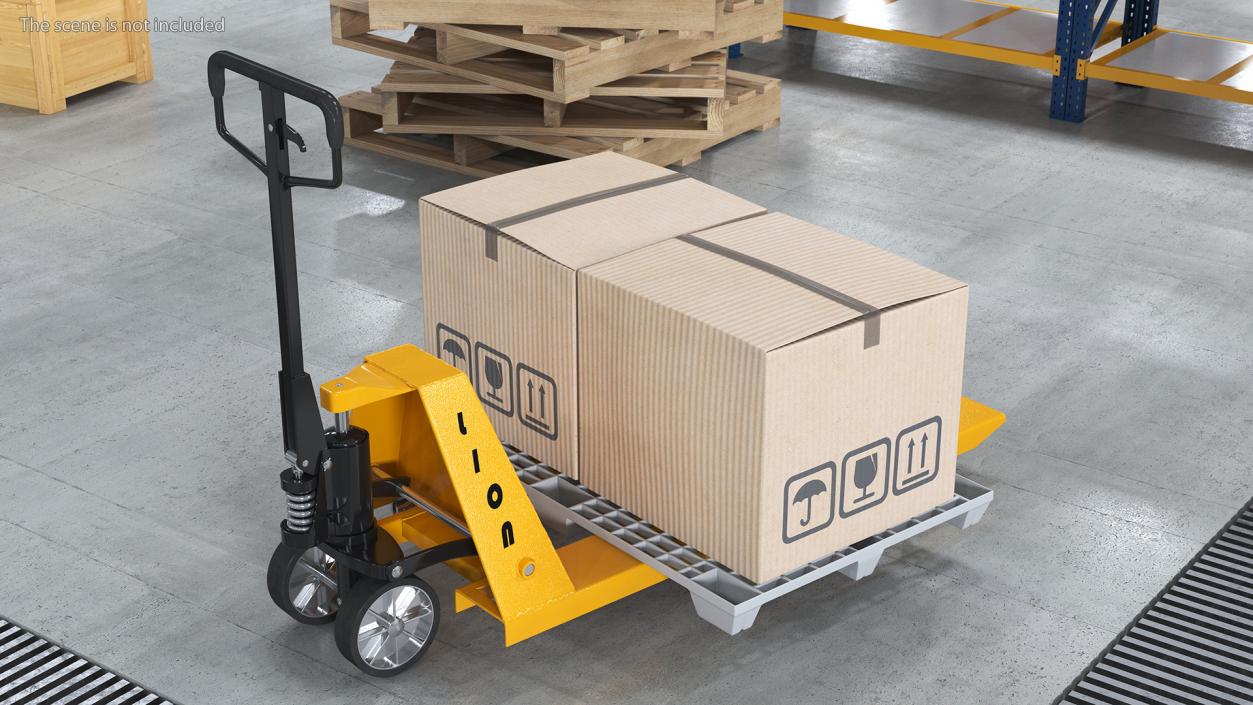 3D model Hand Pallet Truck Lion with Boxes Rigged