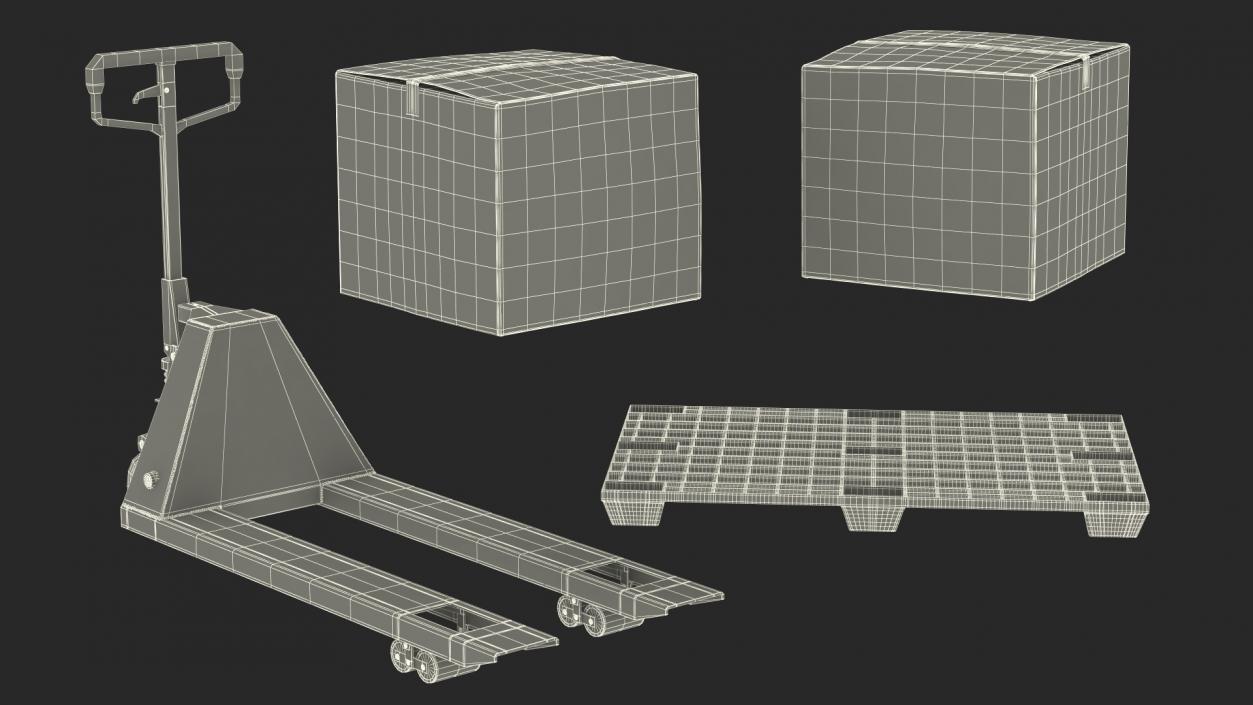 3D model Hand Pallet Truck Lion with Boxes Rigged