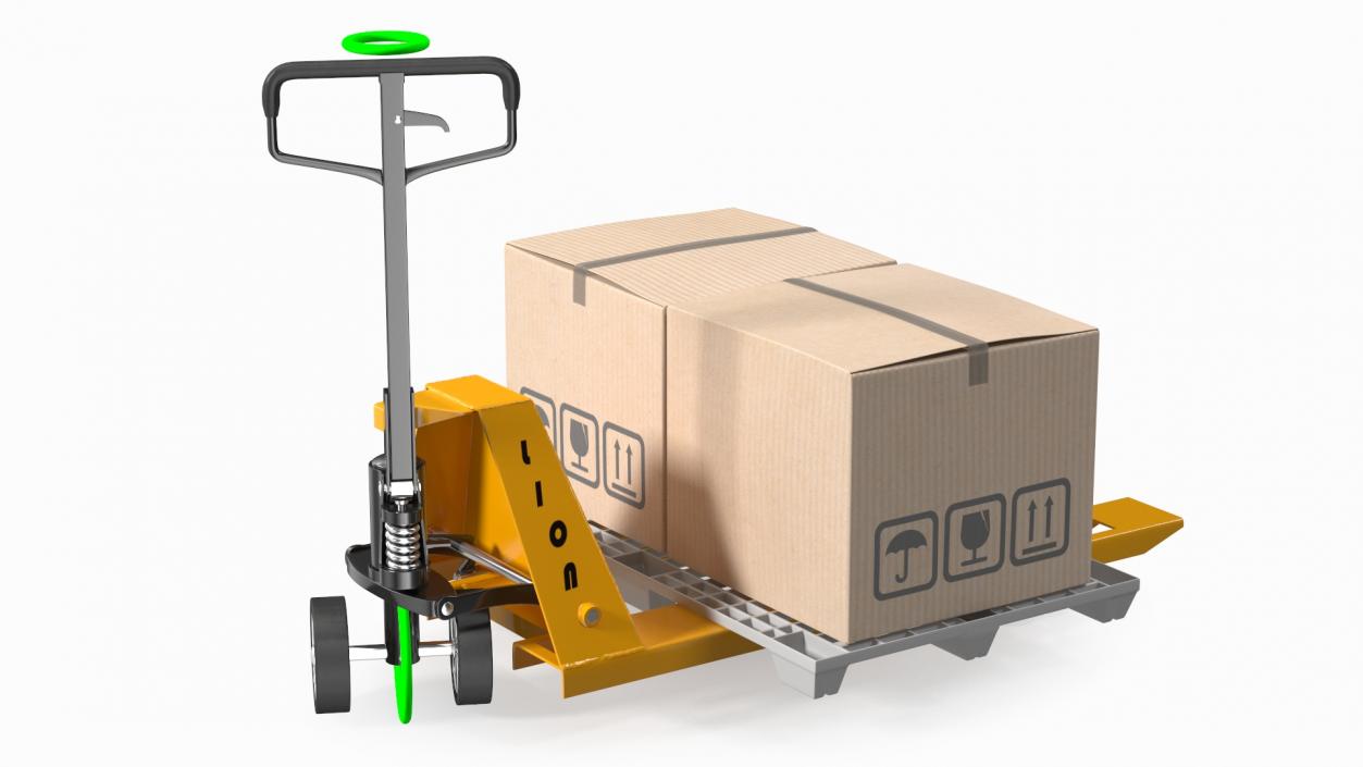 3D model Hand Pallet Truck Lion with Boxes Rigged