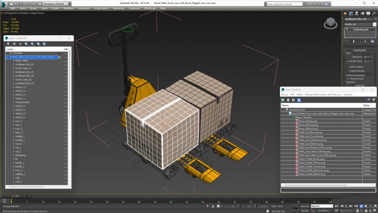 3D model Hand Pallet Truck Lion with Boxes Rigged