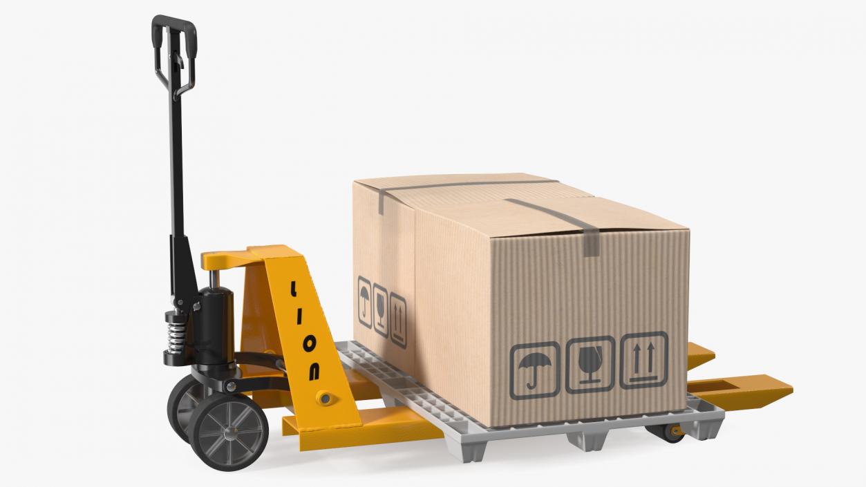 3D model Hand Pallet Truck Lion with Boxes Rigged