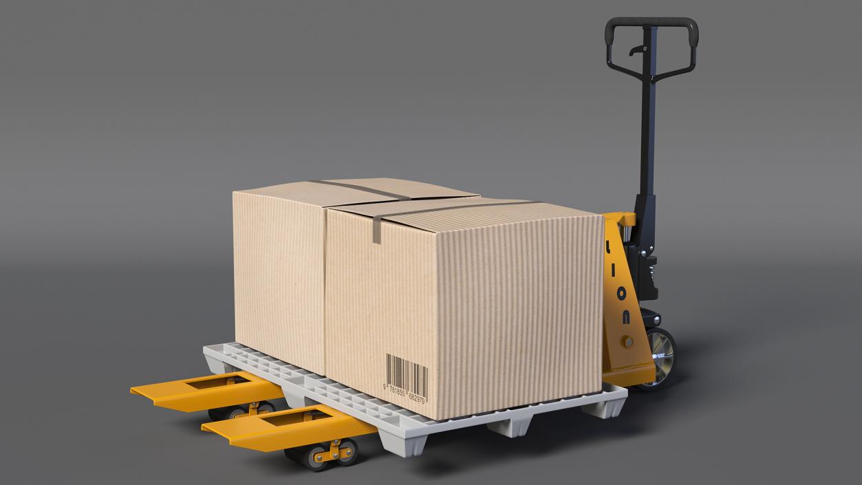 3D model Hand Pallet Truck Lion with Boxes Rigged