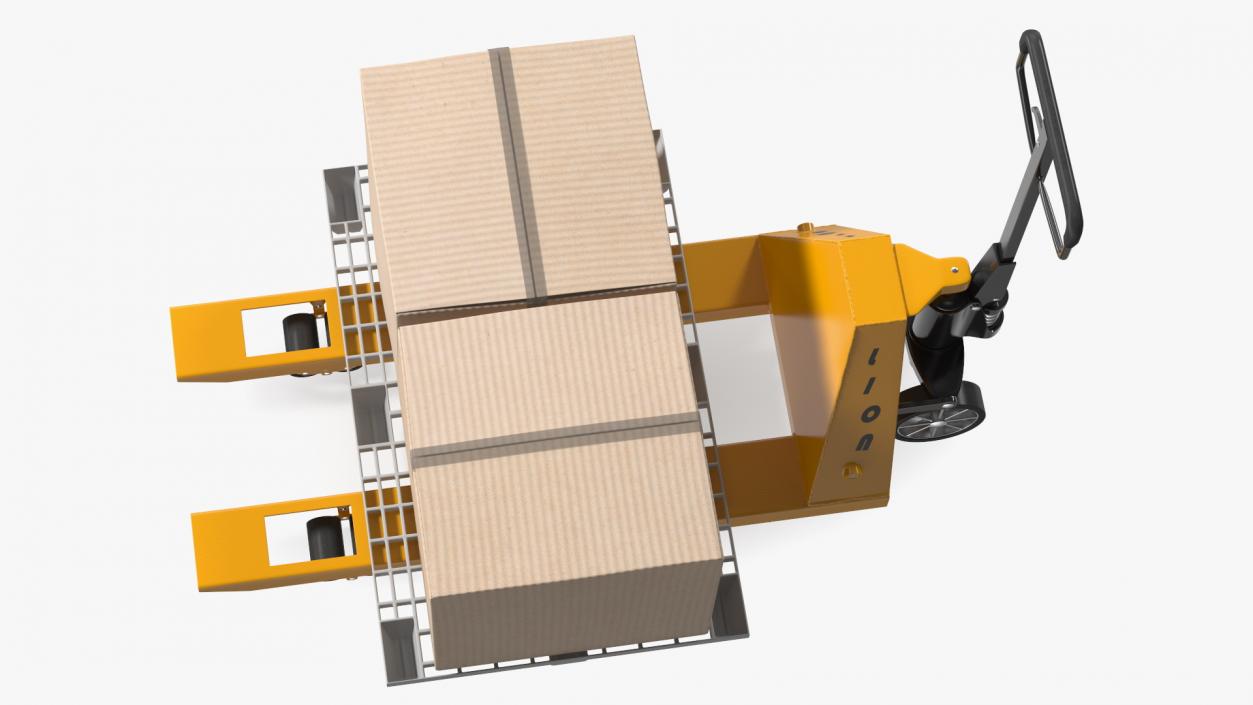 3D model Hand Pallet Truck Lion with Boxes Rigged