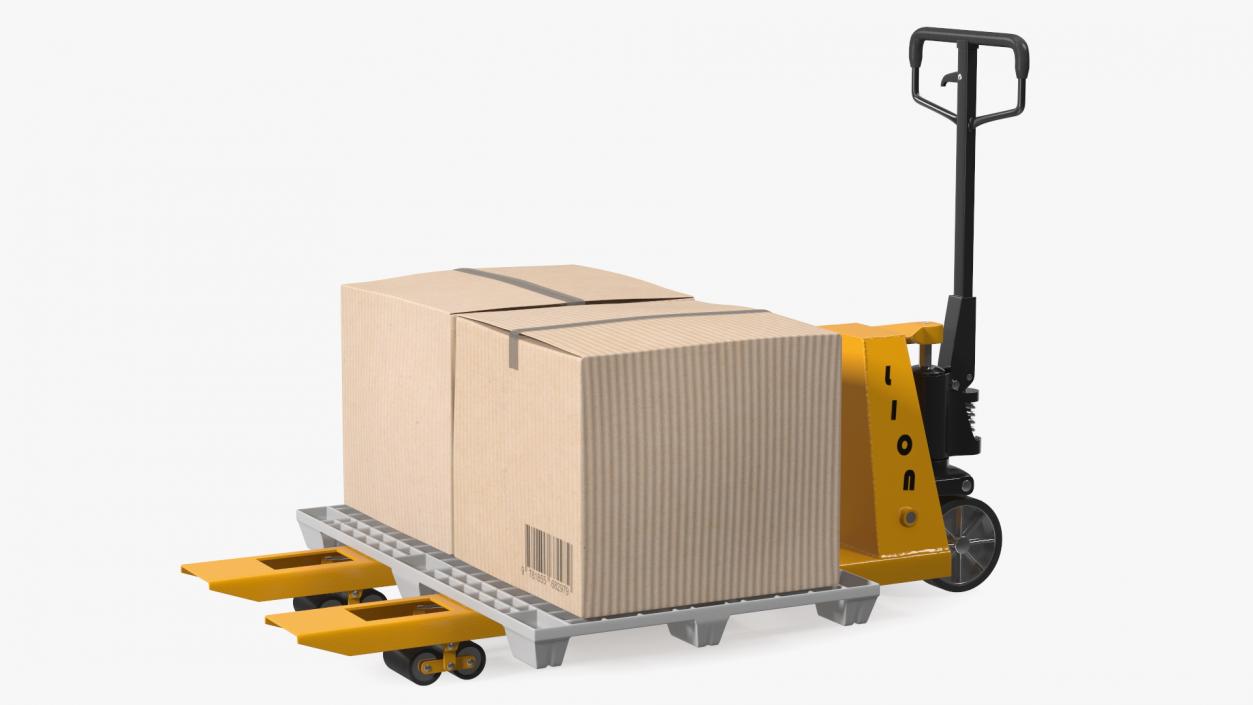 3D model Hand Pallet Truck Lion with Boxes Rigged