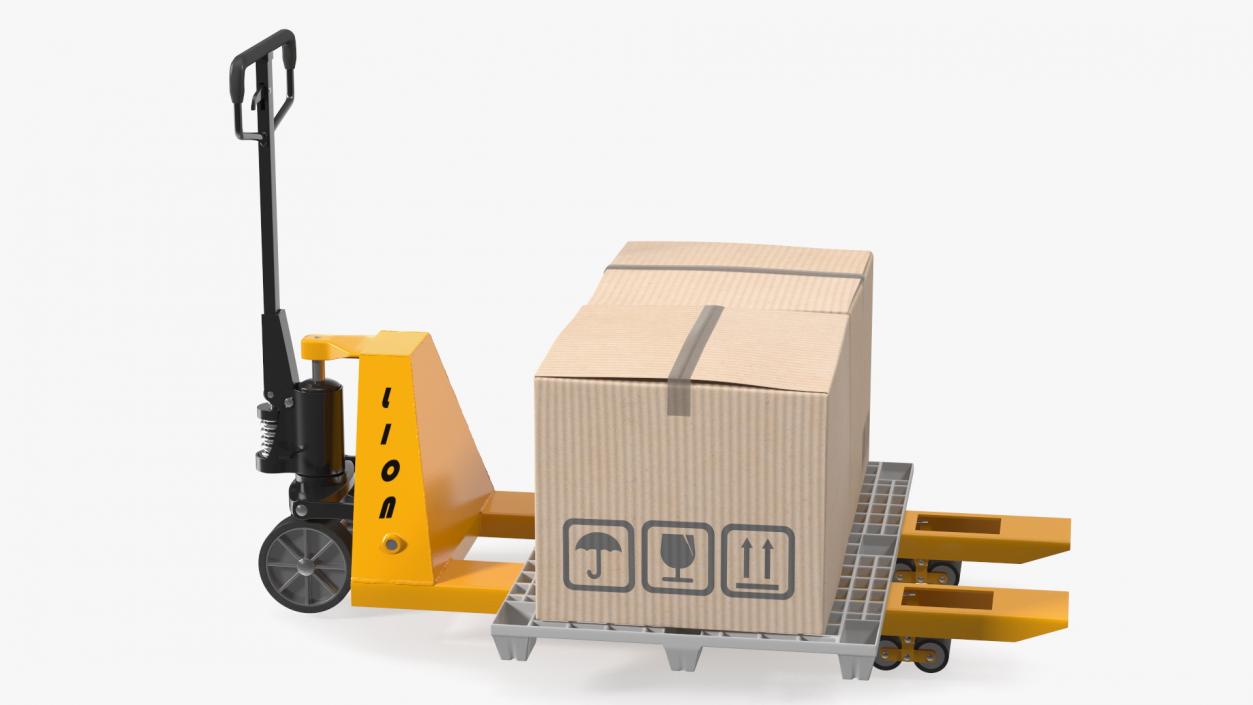 3D model Hand Pallet Truck Lion with Boxes Rigged