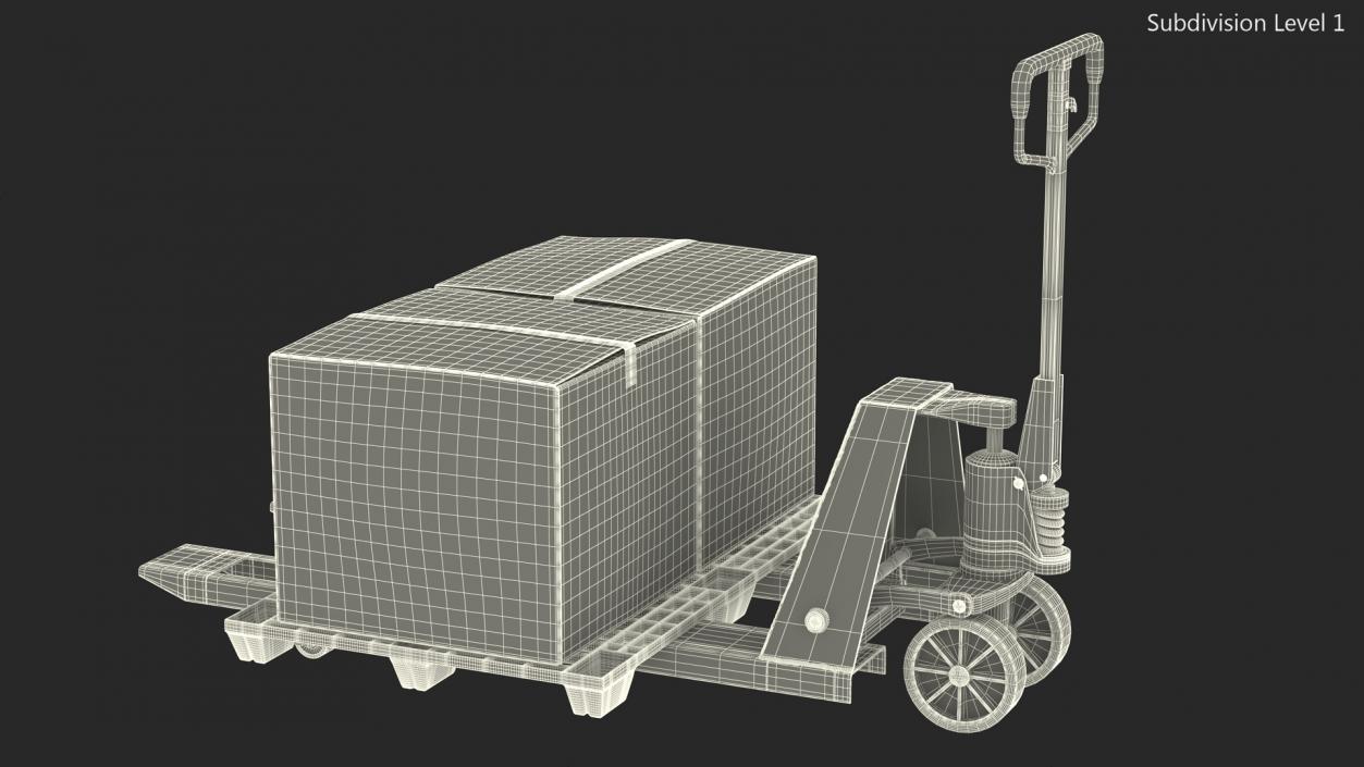 3D model Hand Pallet Truck Lion with Boxes Rigged