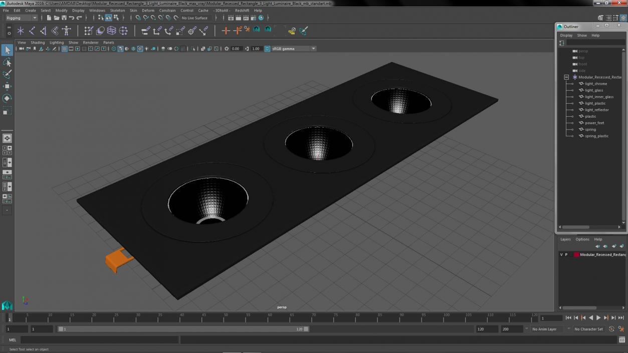 3D model Modular Recessed Rectangle 3 Light Luminaire Black