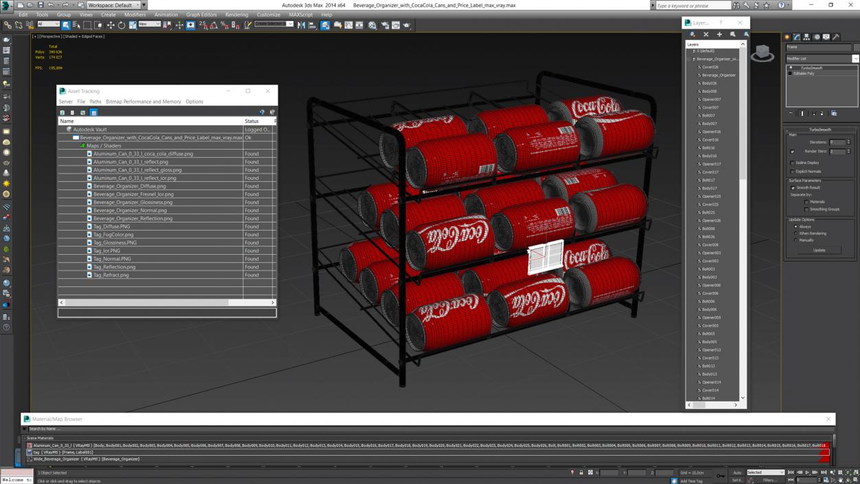 3D Beverage Organizer with CocaCola Cans and Price Label model