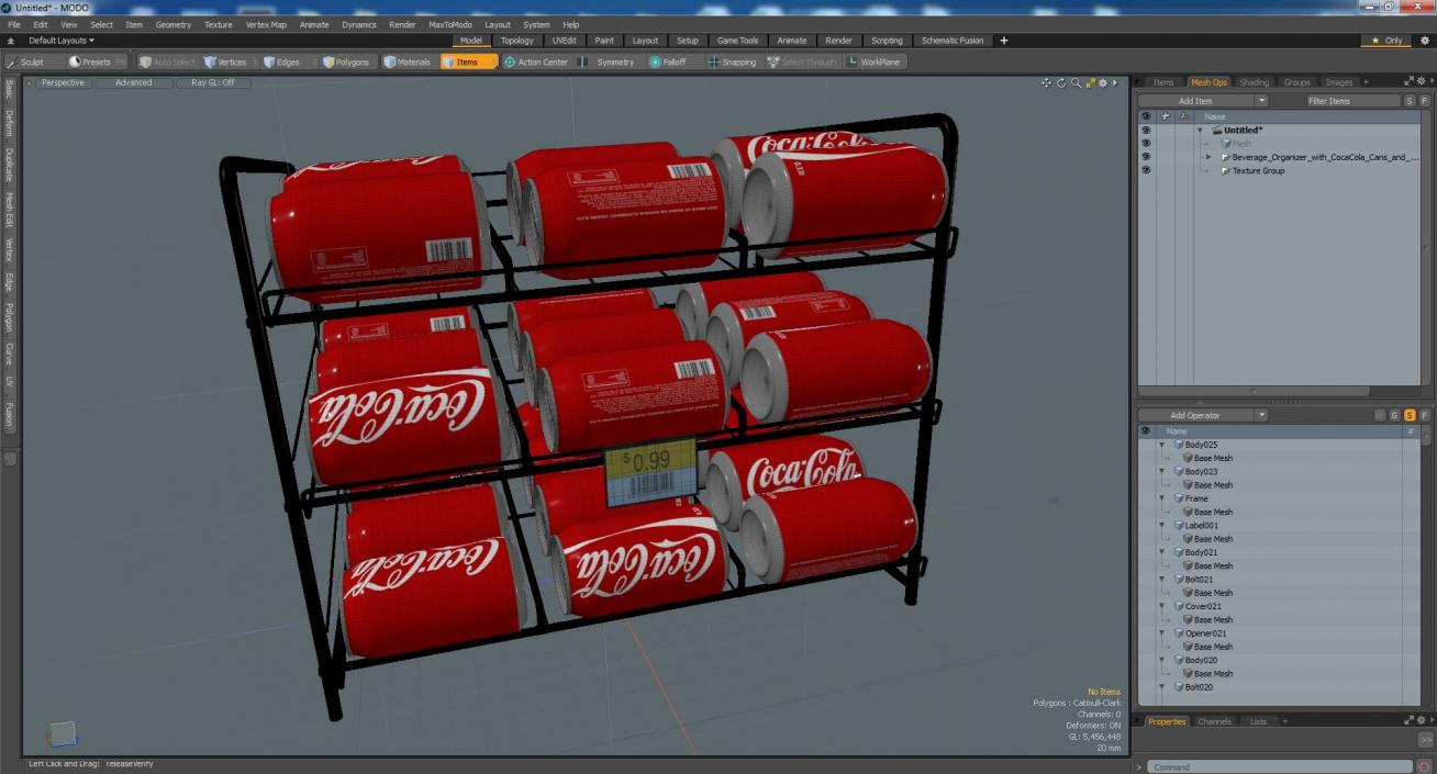 3D Beverage Organizer with CocaCola Cans and Price Label model