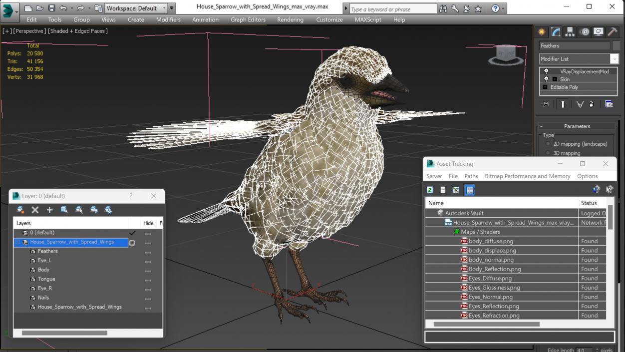 3D House Sparrow with Spread Wings