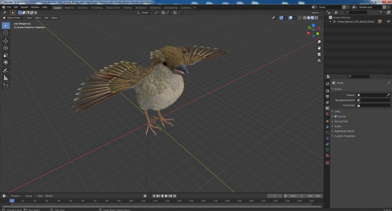 3D House Sparrow with Spread Wings