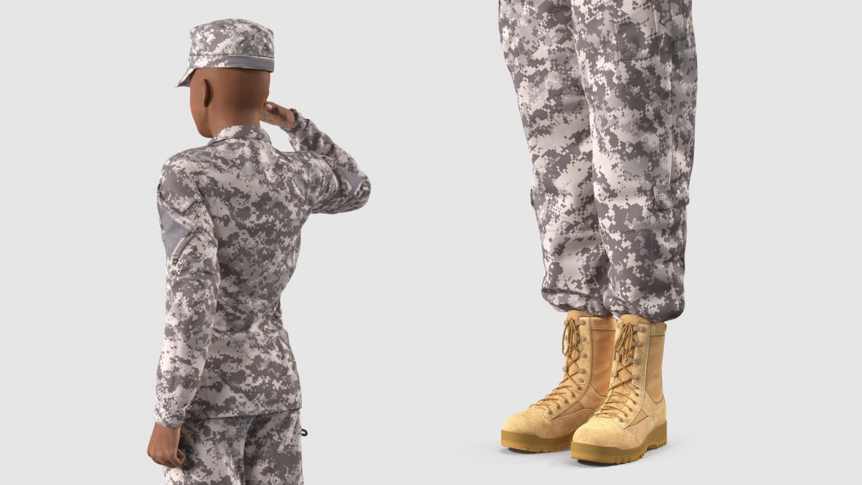 3D Black Female Soldier ACU Saluting Pose model