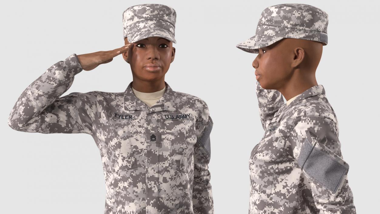 3D Black Female Soldier ACU Saluting Pose model