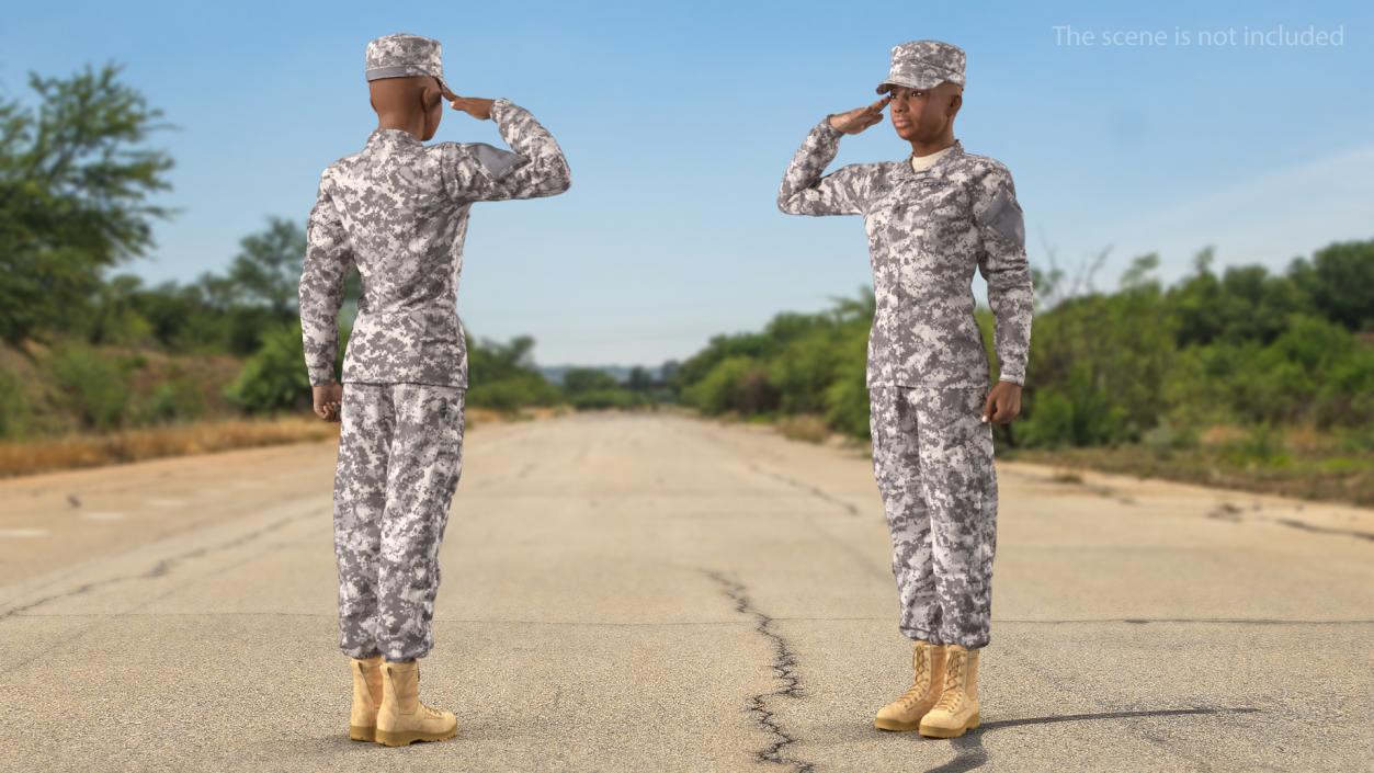 3D Black Female Soldier ACU Saluting Pose model