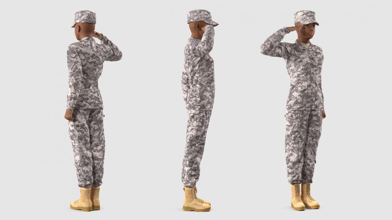 3D Black Female Soldier ACU Saluting Pose model