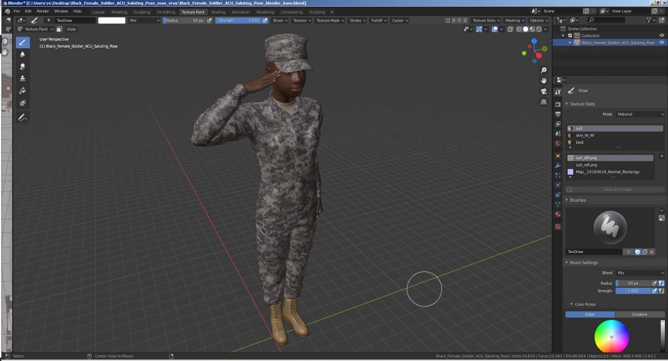 3D Black Female Soldier ACU Saluting Pose model