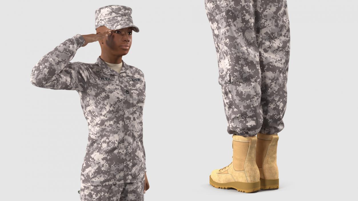 3D Black Female Soldier ACU Saluting Pose model