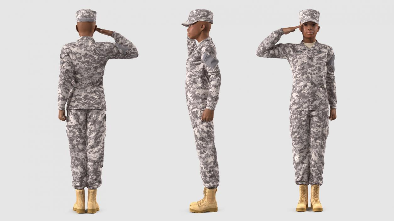 3D Black Female Soldier ACU Saluting Pose model