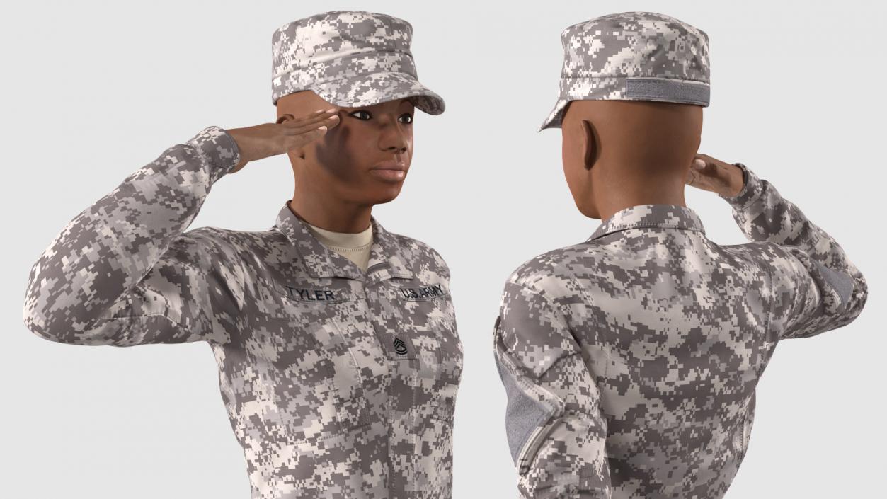 3D Black Female Soldier ACU Saluting Pose model