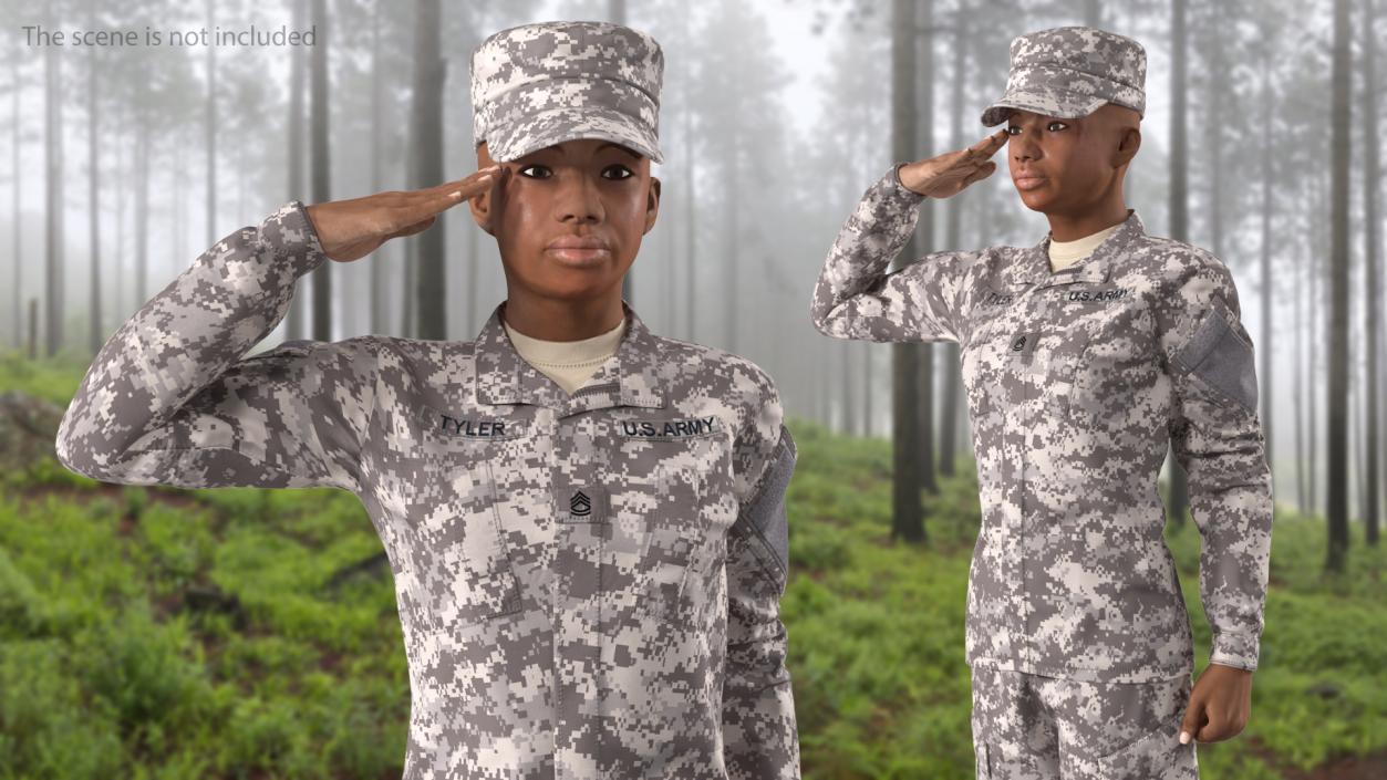 3D Black Female Soldier ACU Saluting Pose model