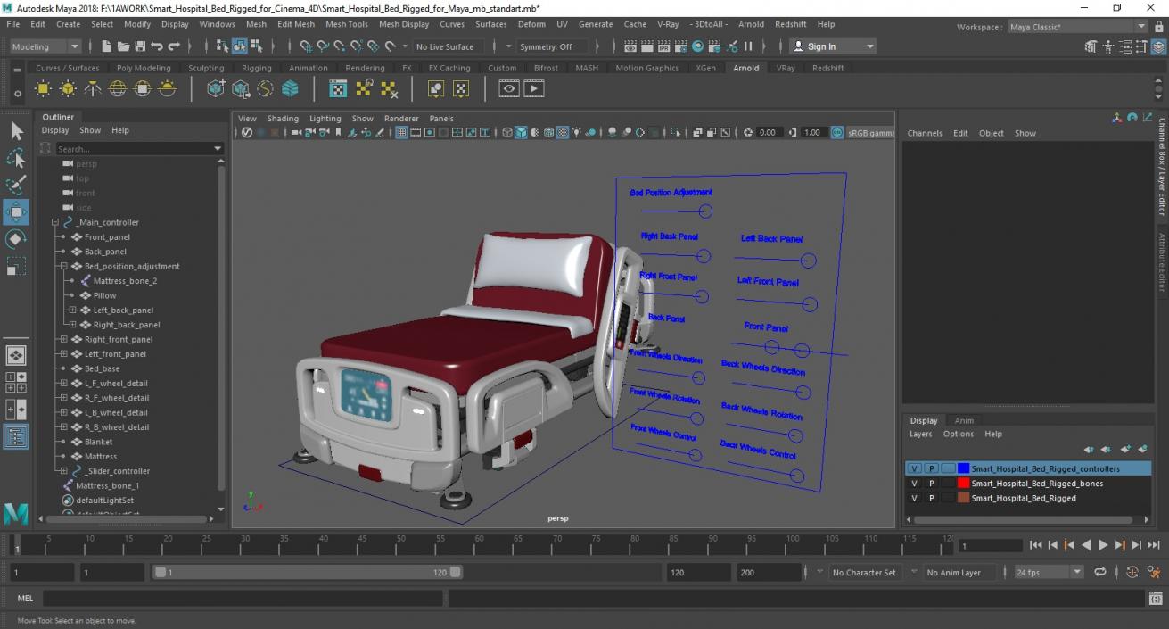 Smart Hospital Bed Rigged for Maya 3D model