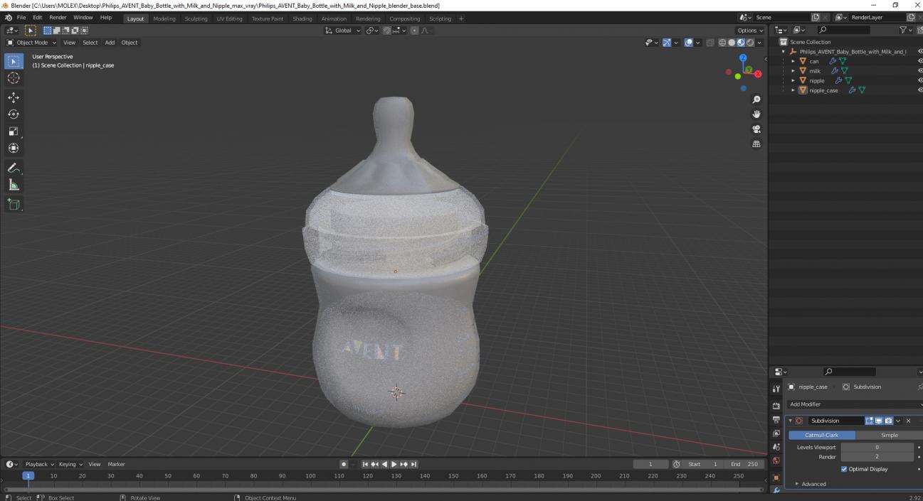 3D Philips Avent Baby Bottle with Milk and Nipple