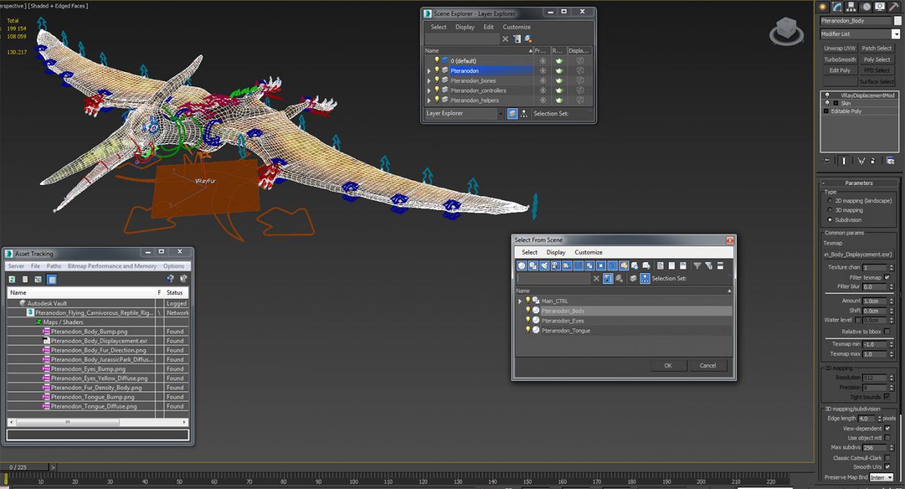 3D Pteranodon Flying Carnivorous Reptile Rigged with Fur model