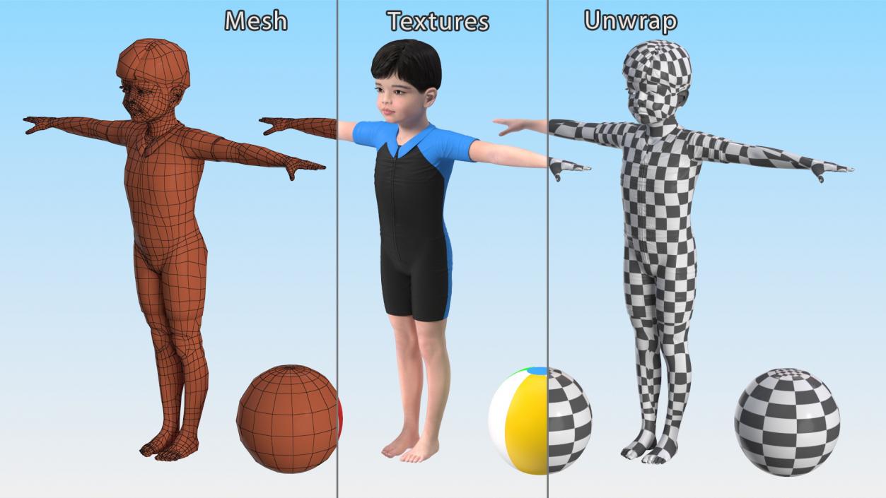 3D Asian Child Boy Swimwear Rigged