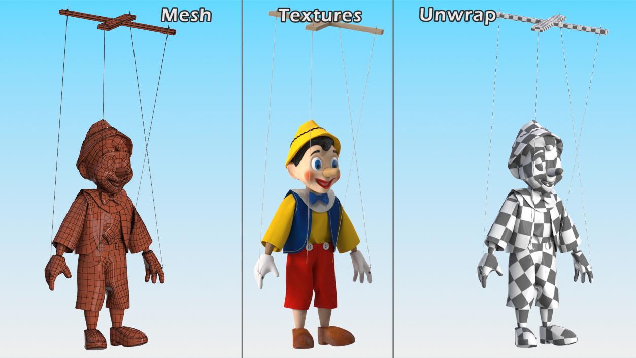 3D Pinnochio Wooden Marionette Figure Rigged