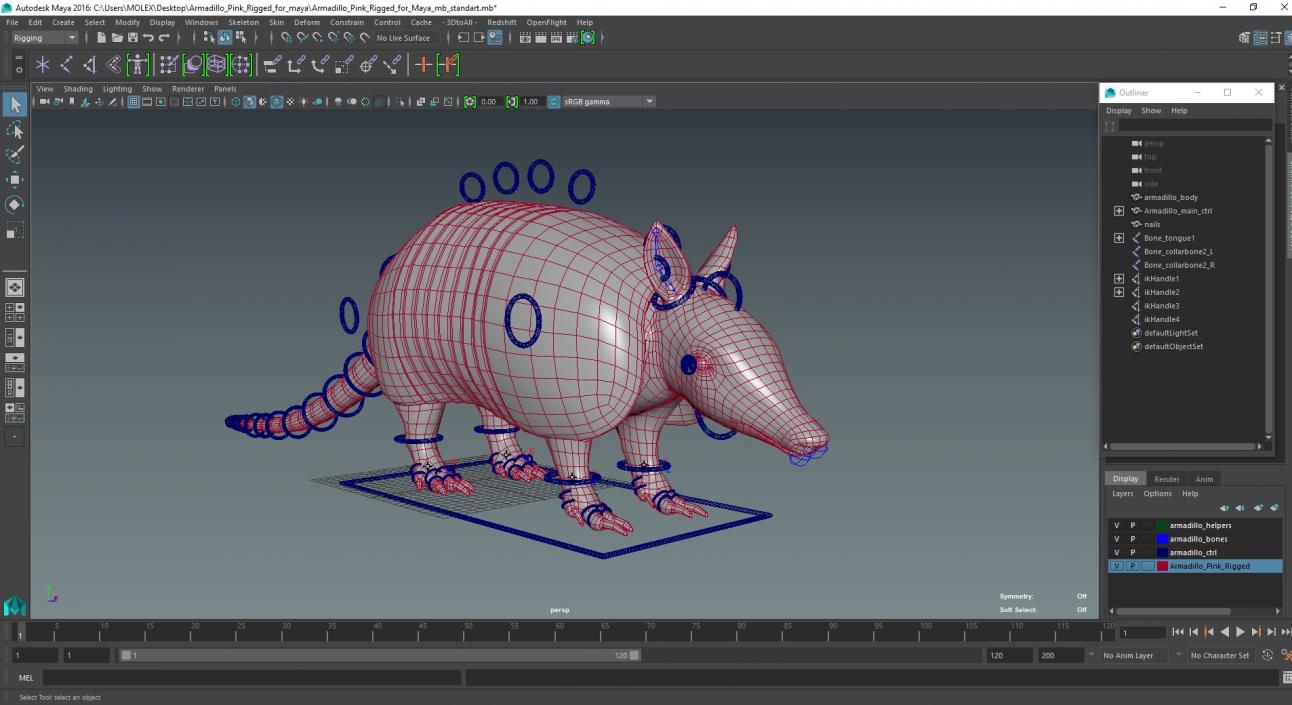 3D model Armadillo Pink Rigged for Maya