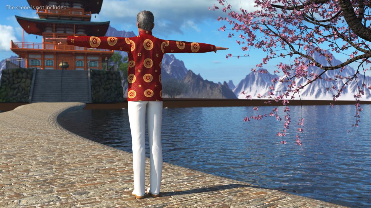 Asian Old Aged Man Traditional Wear T-Pose 3D