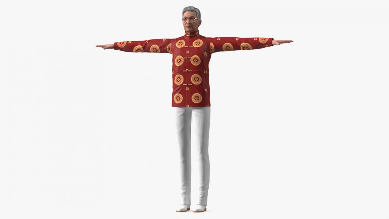 Asian Old Aged Man Traditional Wear T-Pose 3D