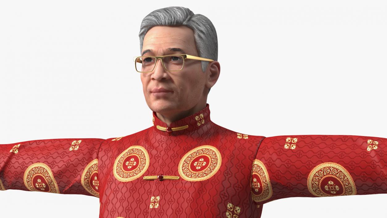 Asian Old Aged Man Traditional Wear T-Pose 3D