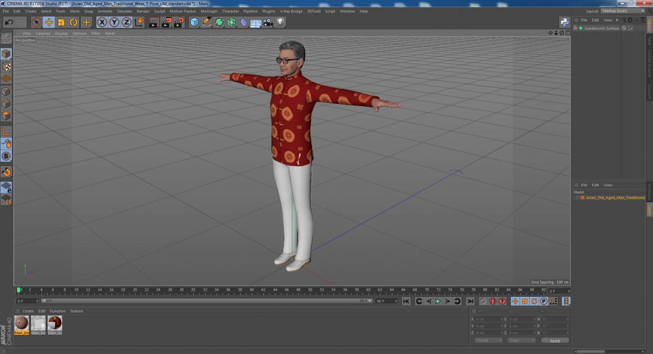 Asian Old Aged Man Traditional Wear T-Pose 3D